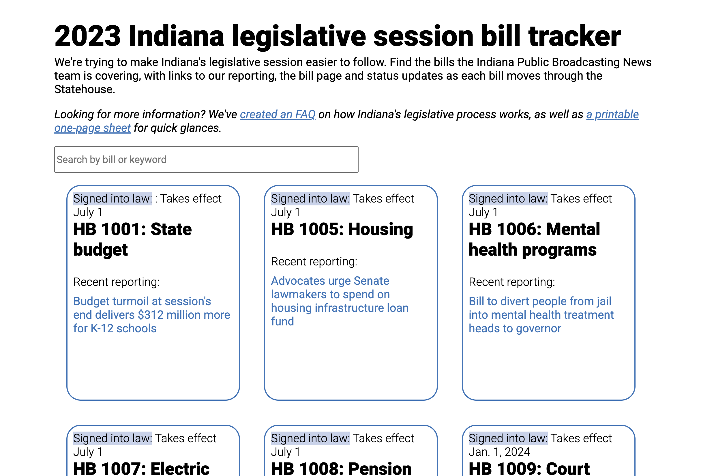 A screenshot of the bill tracker website. The headline reads: 2023 Indiana legislative session bill tracker. There is text under that and a three item row with bill numbers and their titles, with a light blue highlighted status of the legislation.