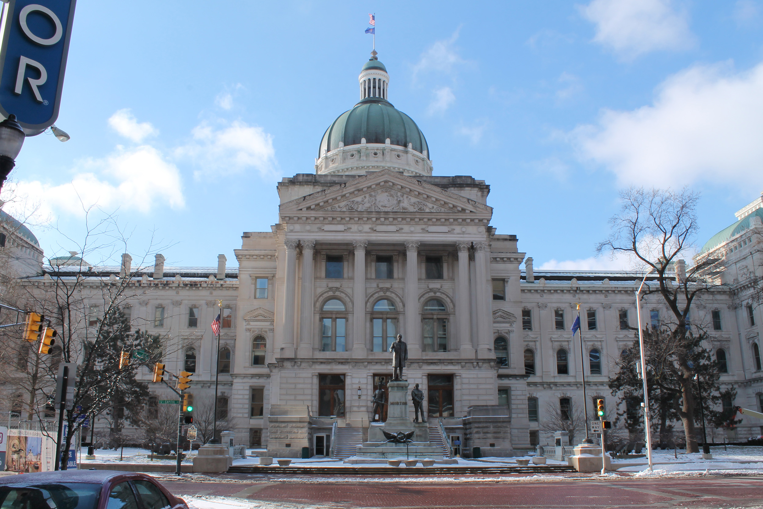 The Indiana Statehouse's eastern entrance, as seen in winter.